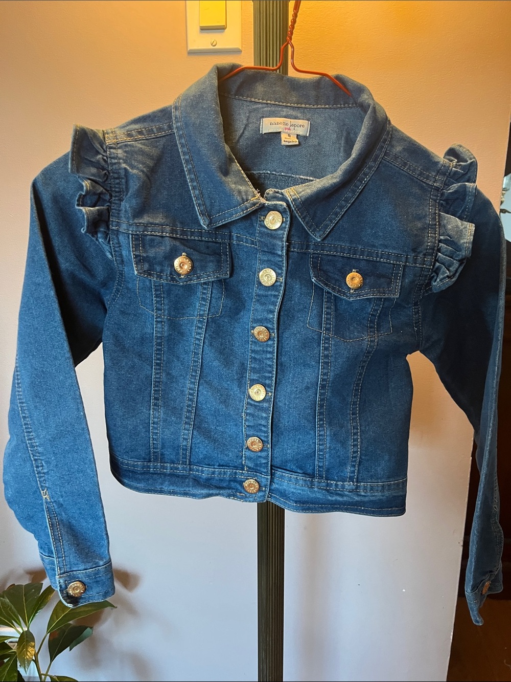 Nanette Lepore Girls' Dark Blue Denim Jacket with Ruffle Shoulders